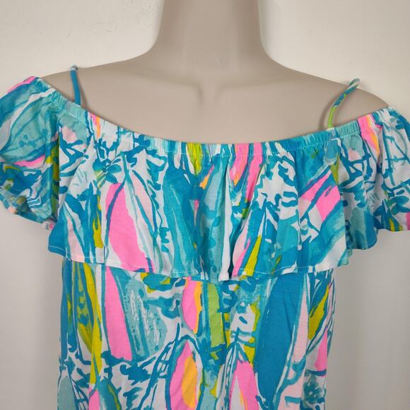 Lilly Pulitzer Top Womens XXS Blue Pink Off Shoulder Ruffle Surfboard Print Boho - Picture 5 of 16